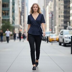 Pinup Fashion Navy Blue Wrap‎ Short Sleeve Tie Waist Peplum Top Blouse XL